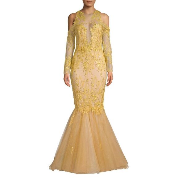 New! MANDALAY Women's Embroidered Sequined Cold-Shoulder Mermaid Gown Gold  12 - Picture 1 of 3